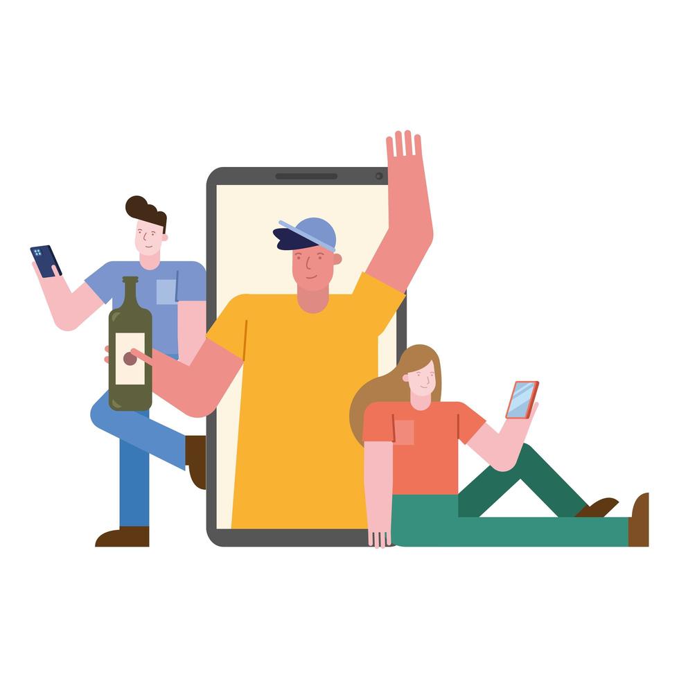 young people celebrating with gifts and wine in smartphone vector