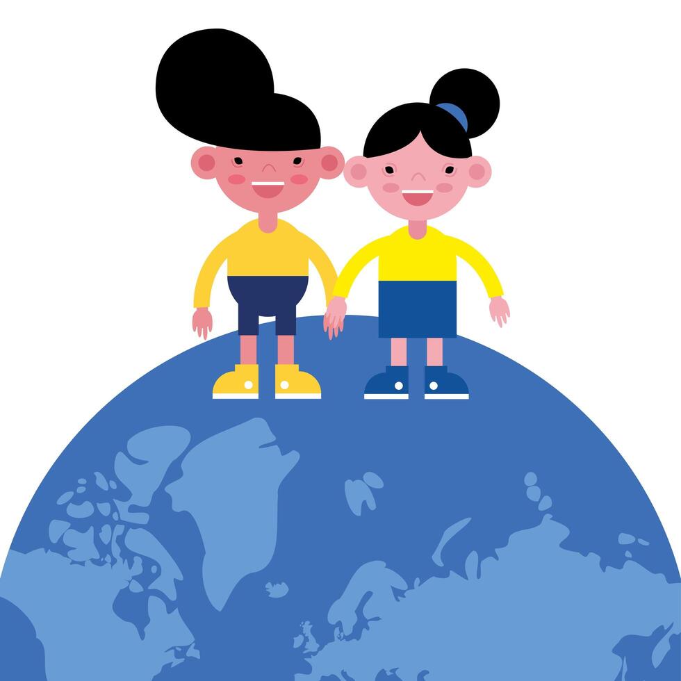 cute little kids on earth planet vector