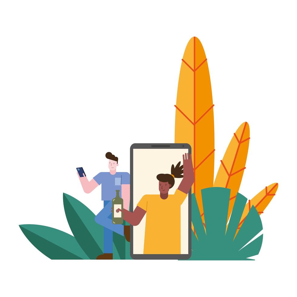 young interracial couple celebrating with wine in smartphones vector