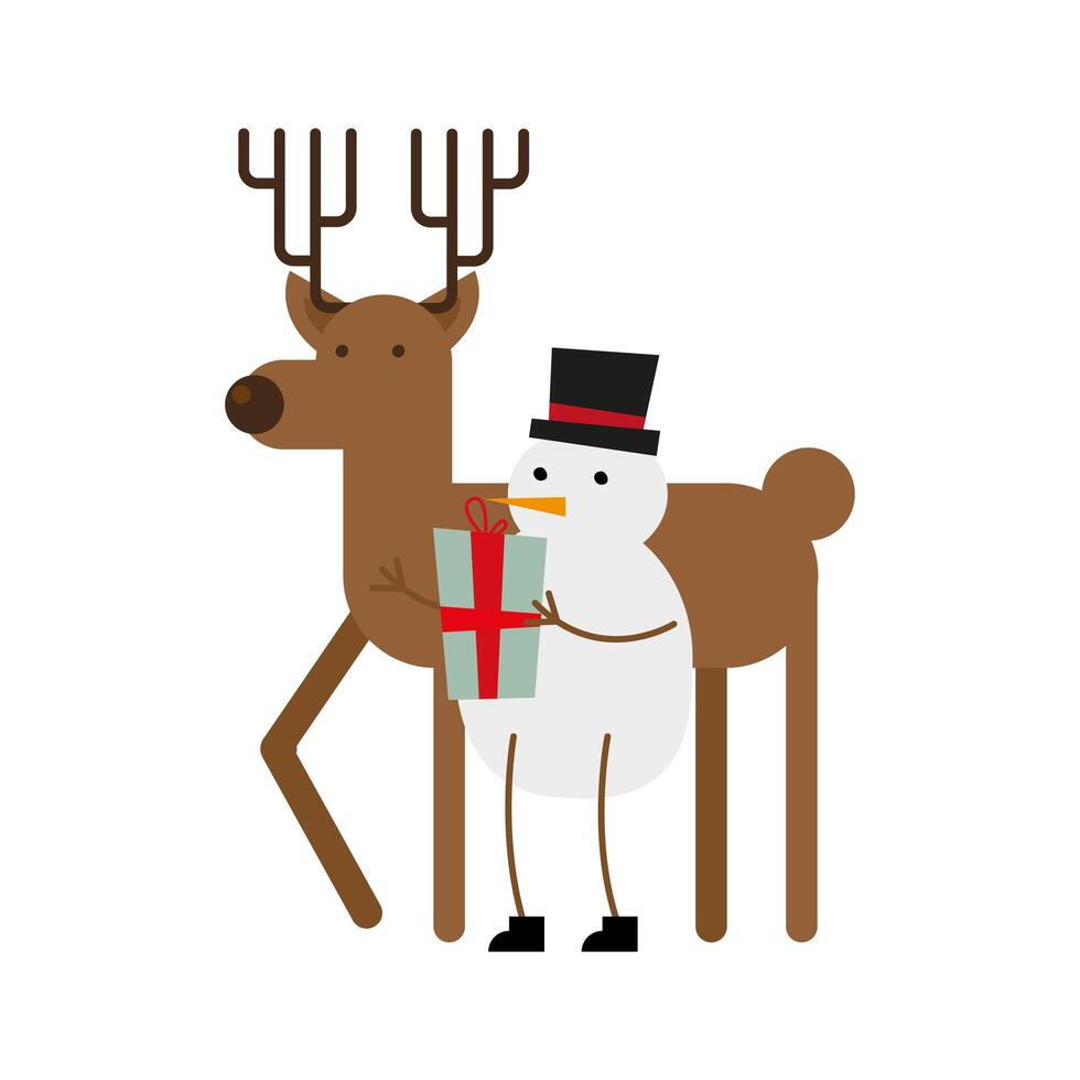 cute snowman with gift and reindeer vector