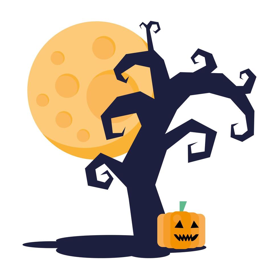 árbol oscuro halloween con luna llena y calabaza vector