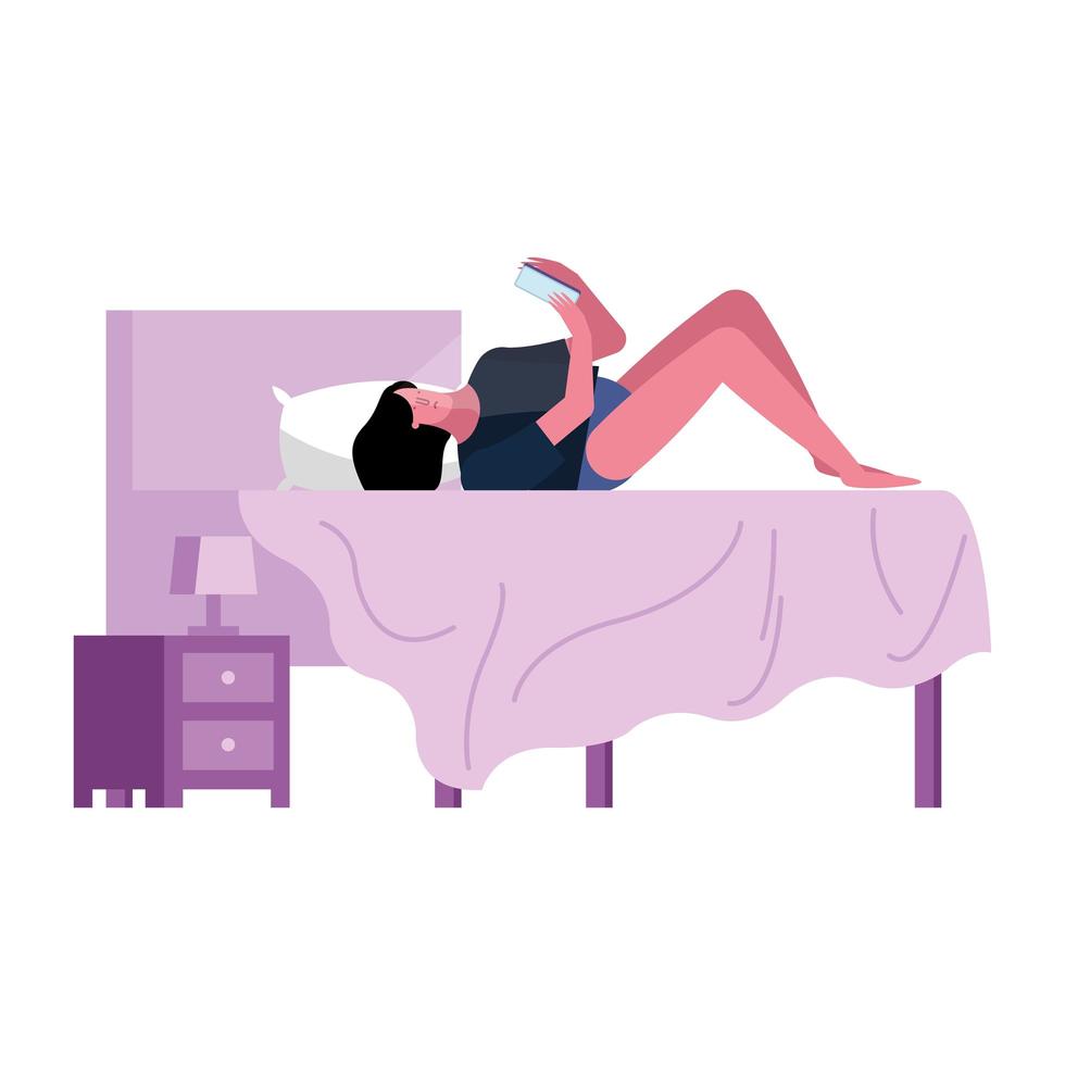 young woman using smartphone with imnsomia in bedroom vector