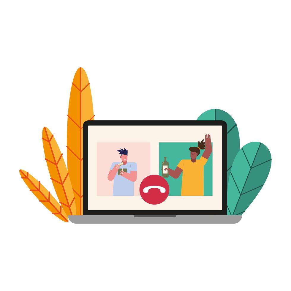 young interracial couple celebrating with wine in laptop vector