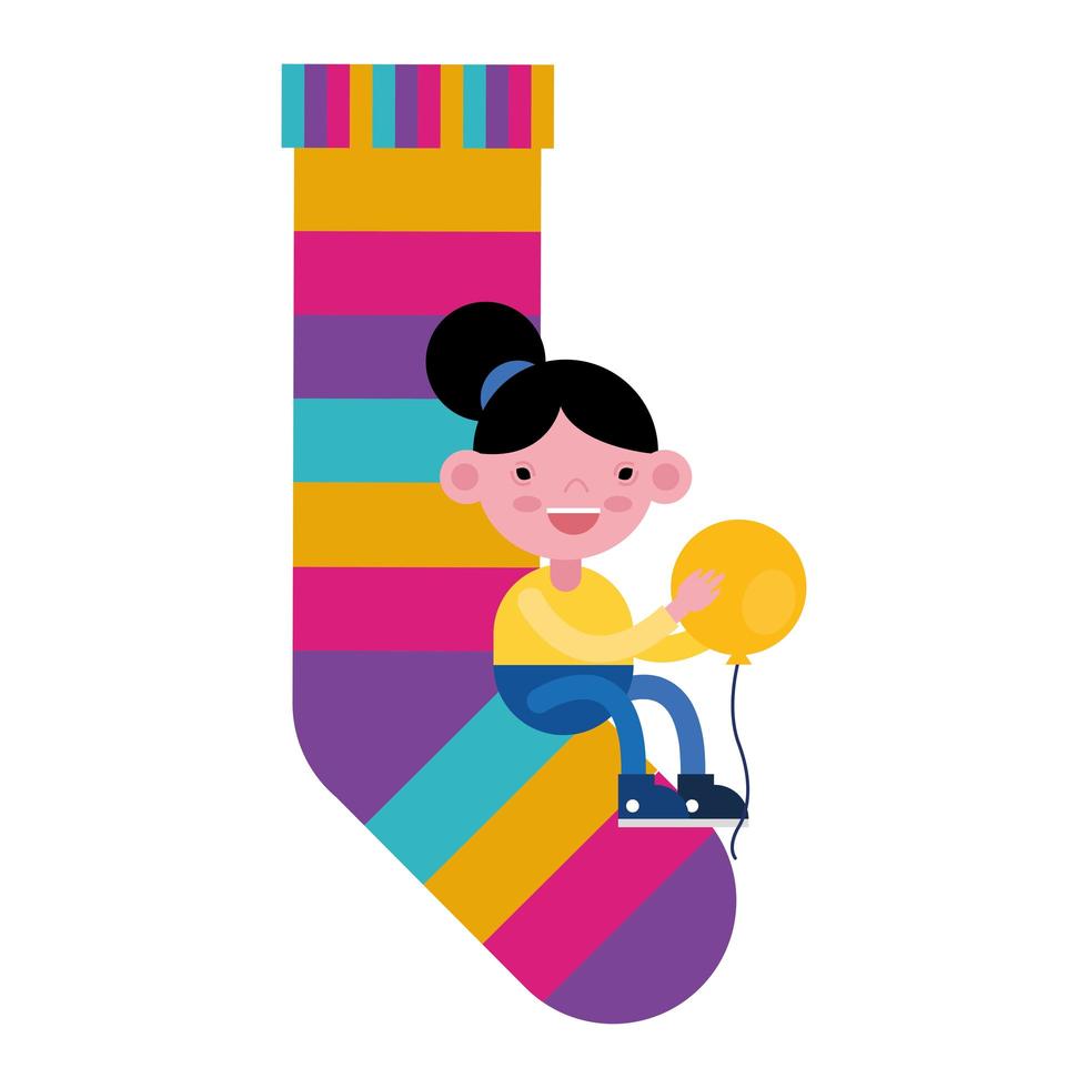 girl with balloon sitting on giant striped sock vector