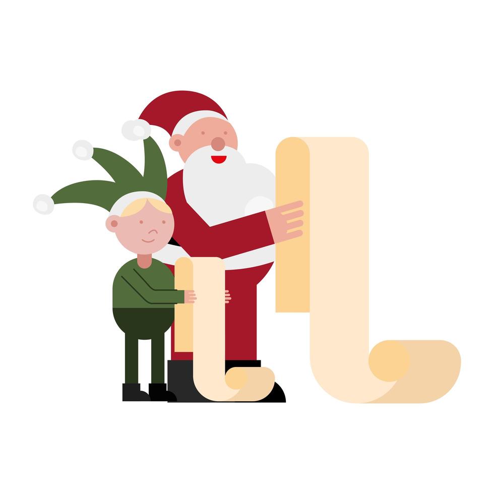 christmas santa claus and elf reading gifts list vector