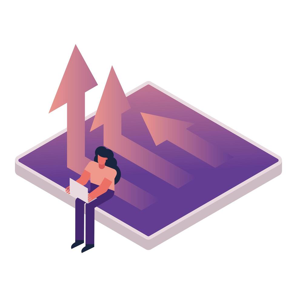 woman using laptop seated on tablet with arrows up vector