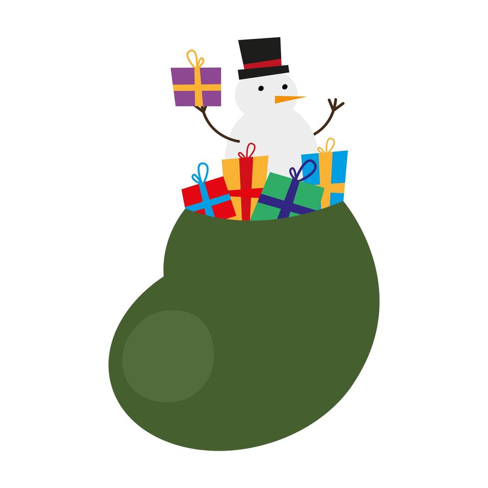 cute snowman with gifts in sack vector
