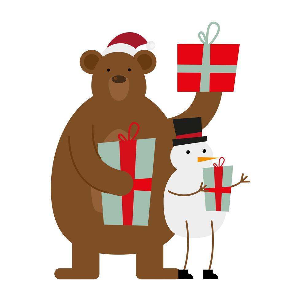 cute bear wearing santa hat and snowman christmas characters vector