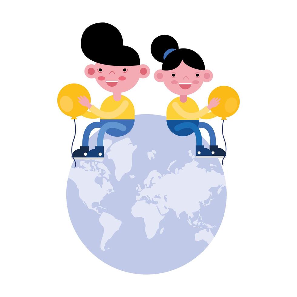 cute little kids seated with balloons on earth planet vector