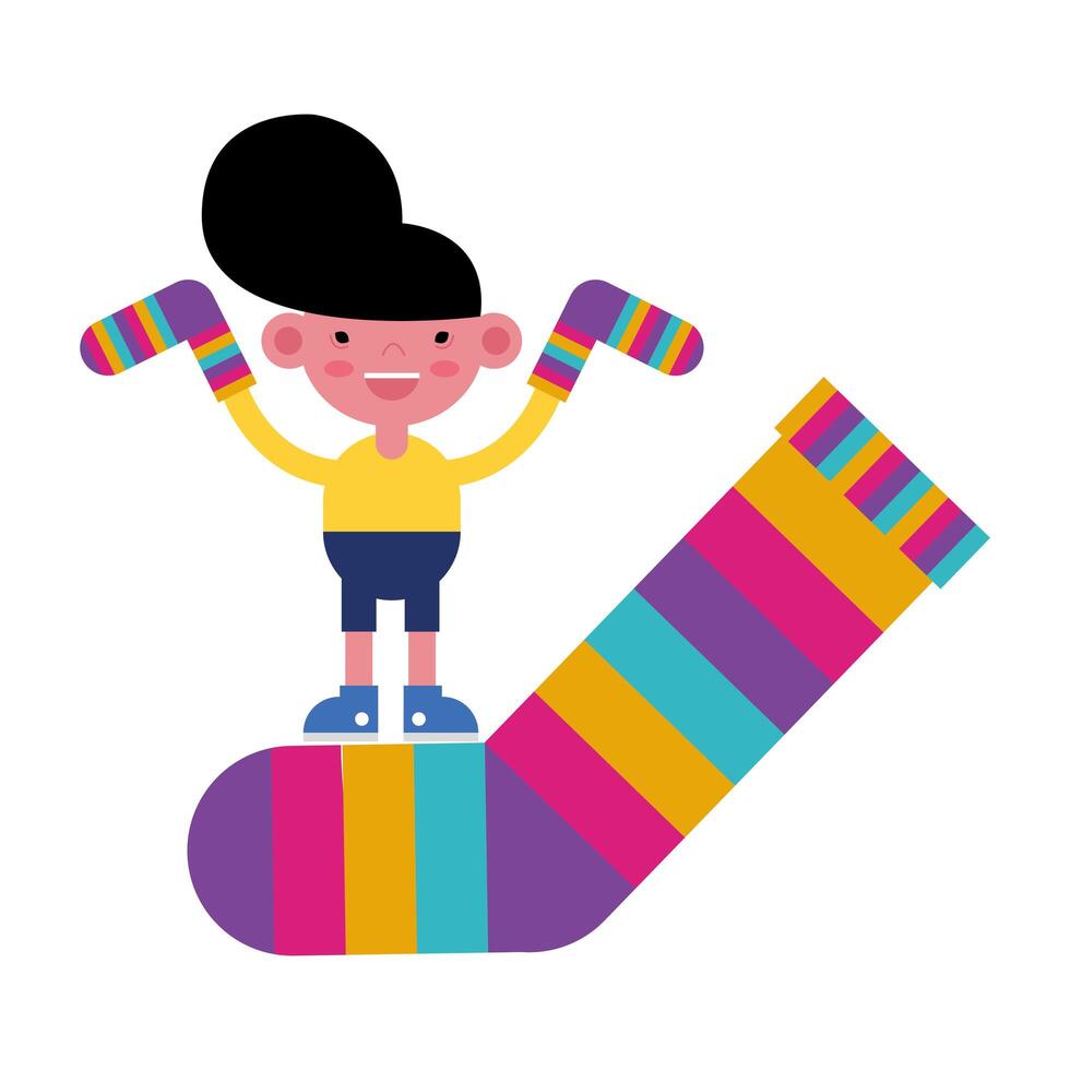 niño con calcetines de rayas de colores vector