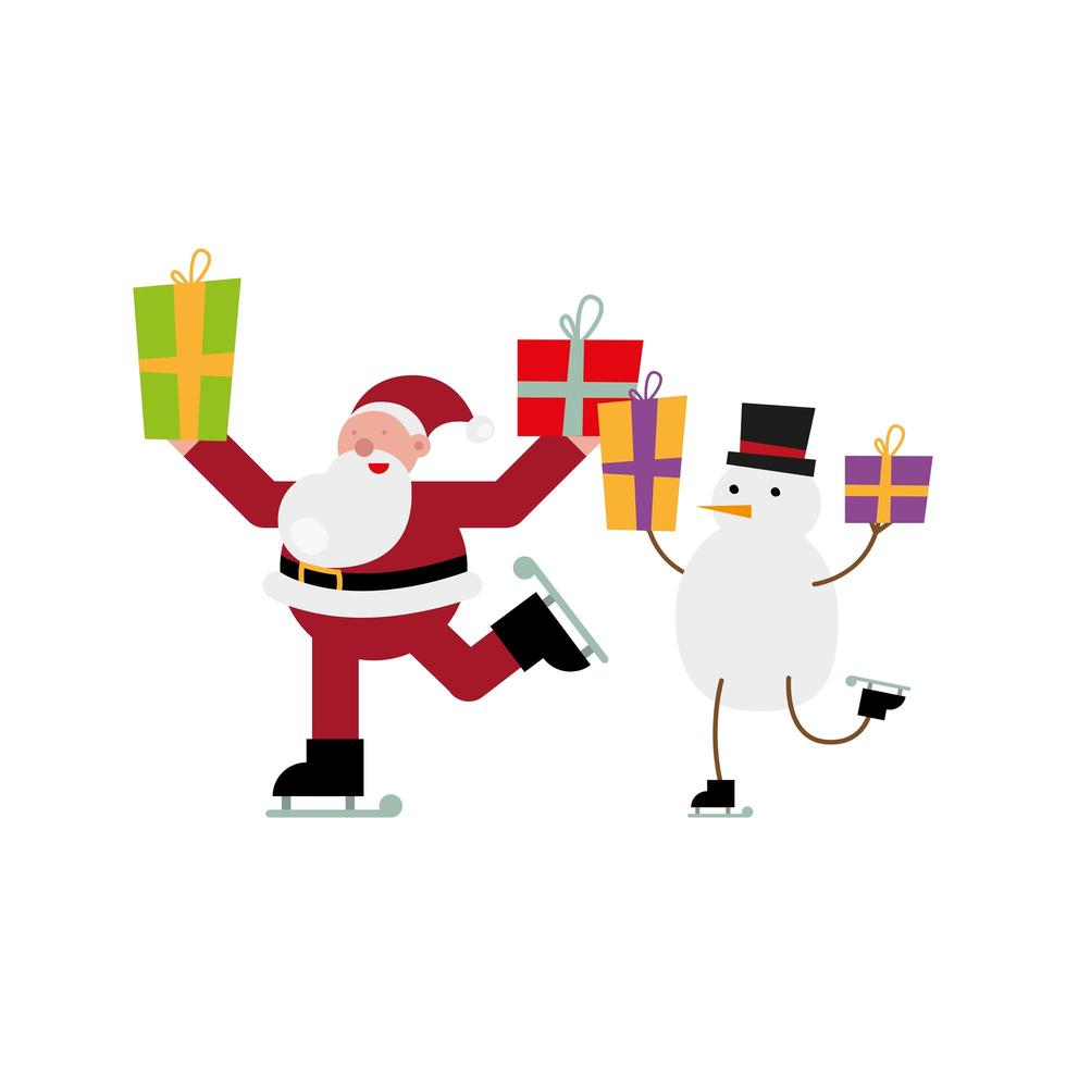 santa claus y muñeco de nieve patinando con regalos vector