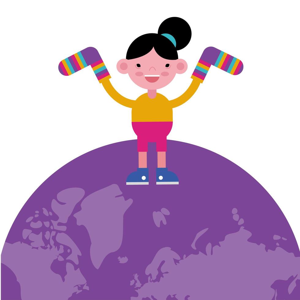 girl with colorful striped socks on earth planet vector