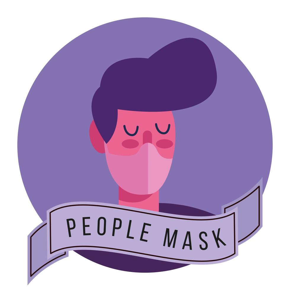Joven vistiendo máscara médica protección en marco púrpura vector