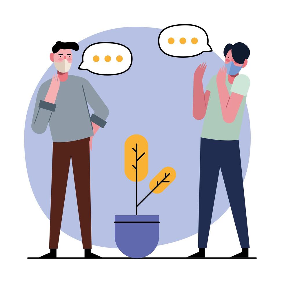 young men wearing medical masks talking with houseplant vector