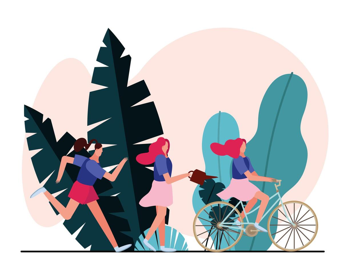 mujeres jóvenes corriendo y en bicicleta vector