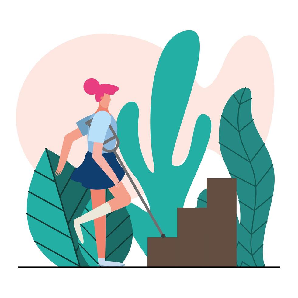 woman with crutches approaching stairs vector