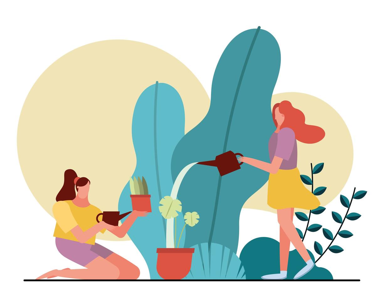 young women cares for plants in the garden vector