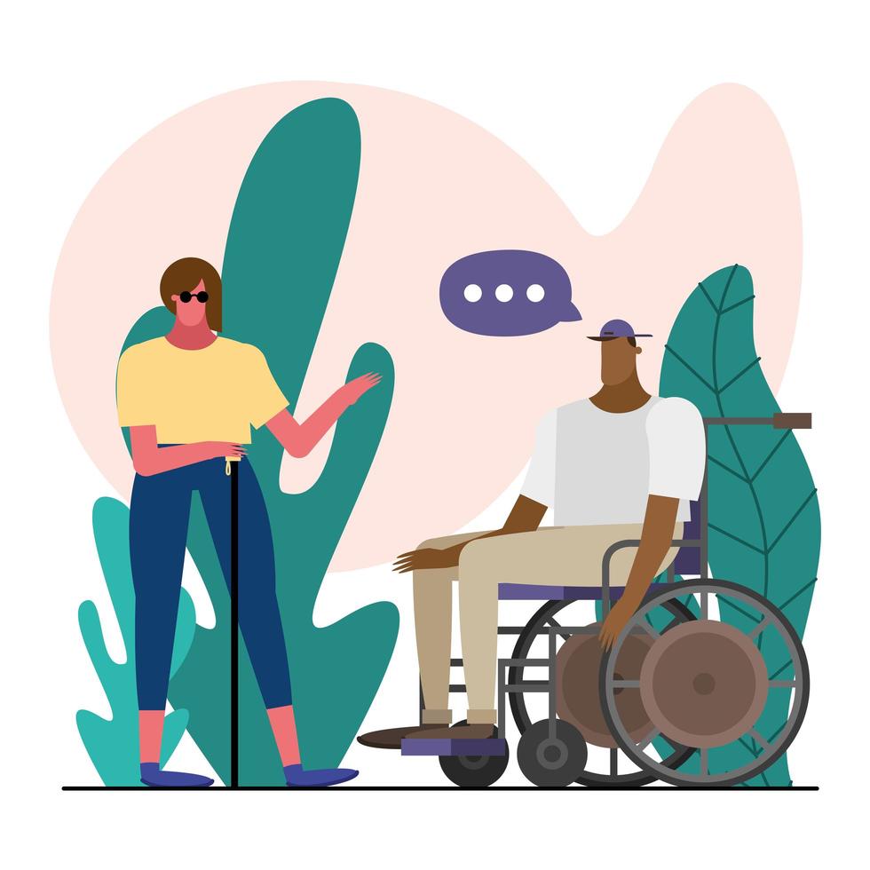 blind woman and man in wheelchair talking in park vector