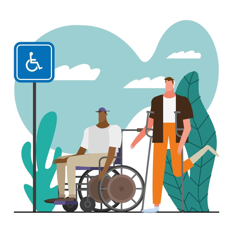 young men with crutches and wheelchair vector
