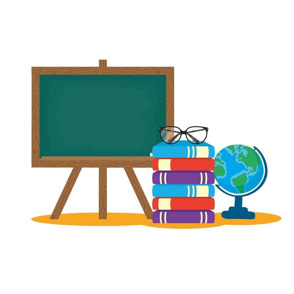 school chalkboard with books and world map vector