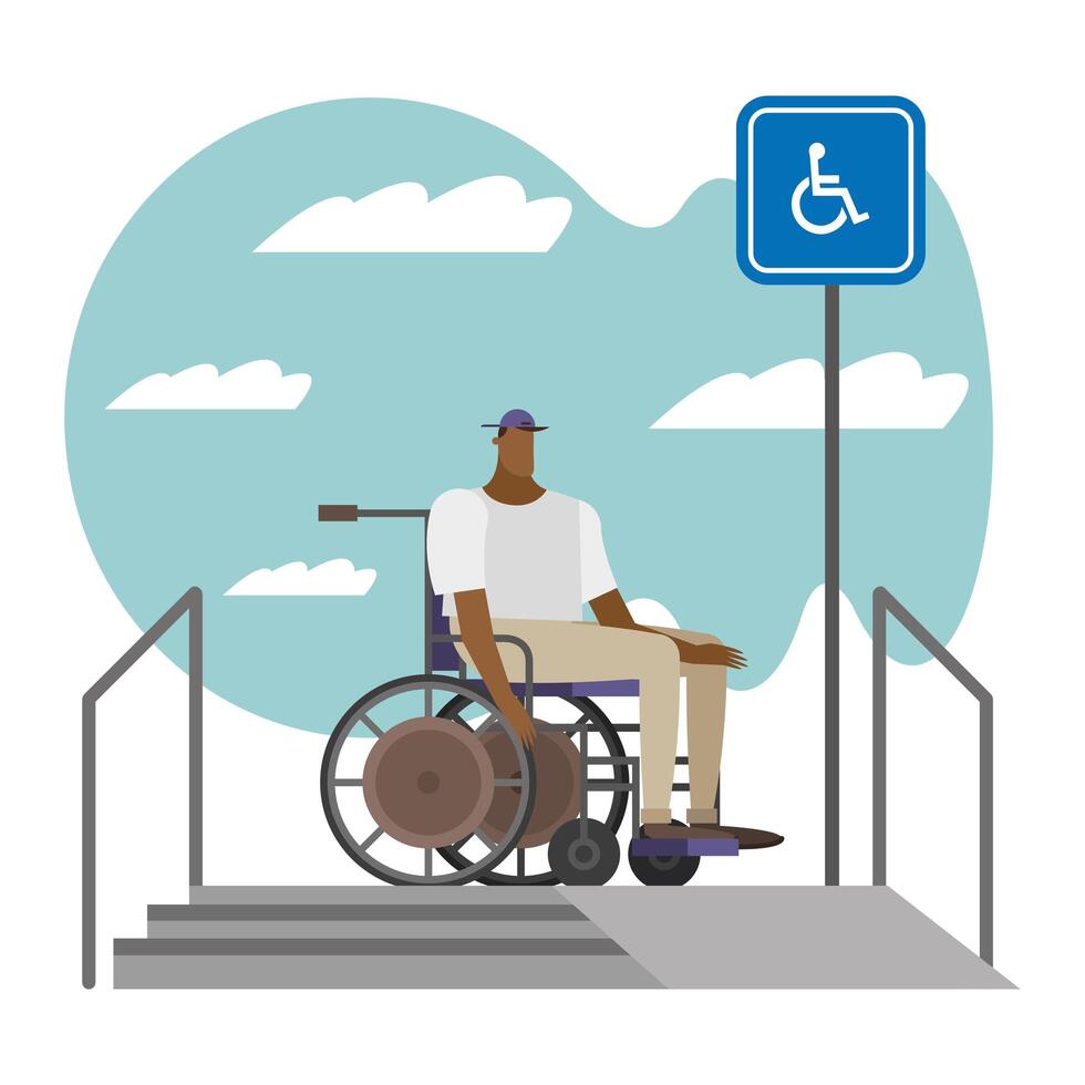 black man in wheelchair on ramp vector