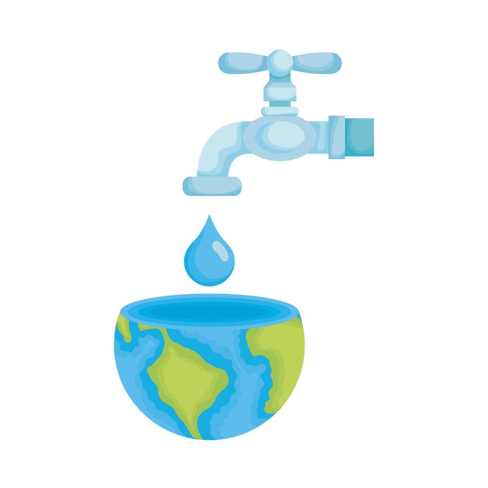 Medio planeta tierra con gota de agua y grifo. vector