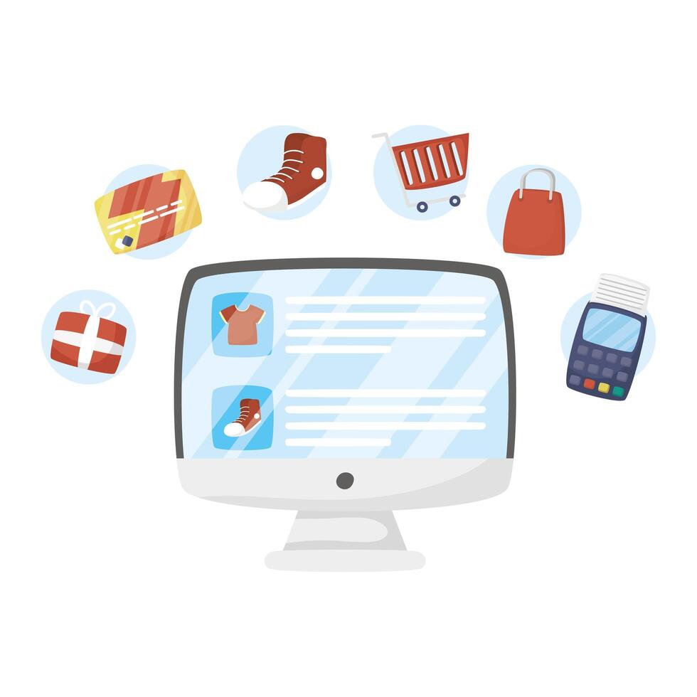 computadora, con, compras, iconos, vector, diseño vector