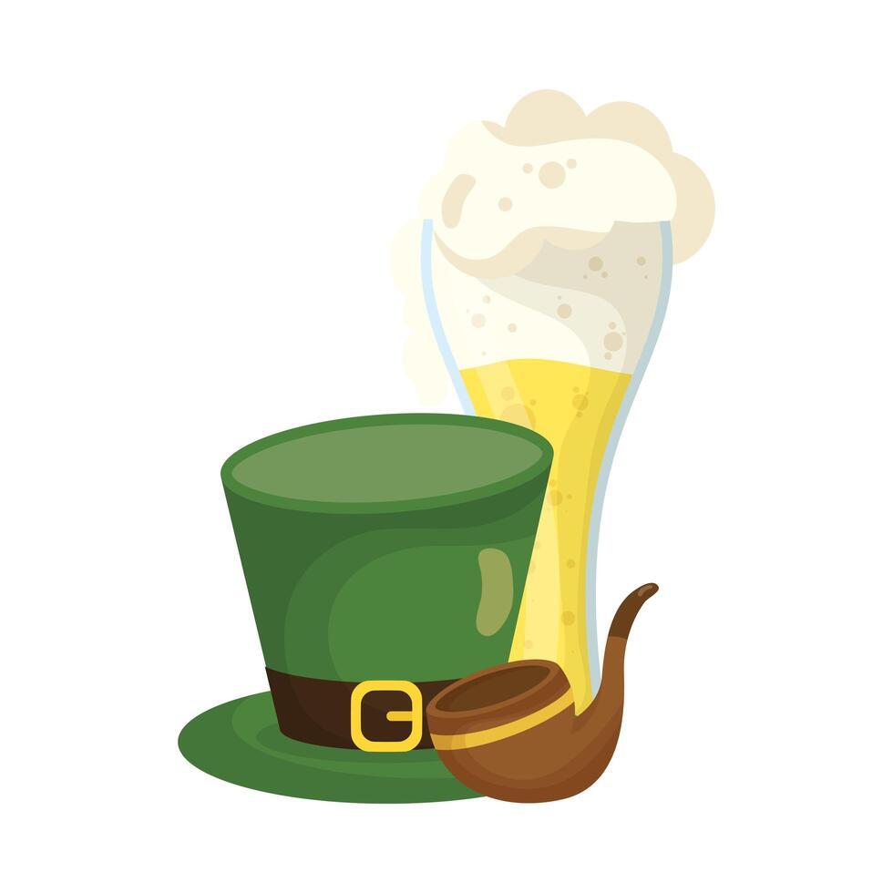 diseño vectorial de cerveza, sombrero y pipa del día de San Patricio vector