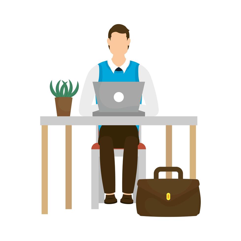 Avatar de empresario con laptop en diseño vectorial de escritorio vector