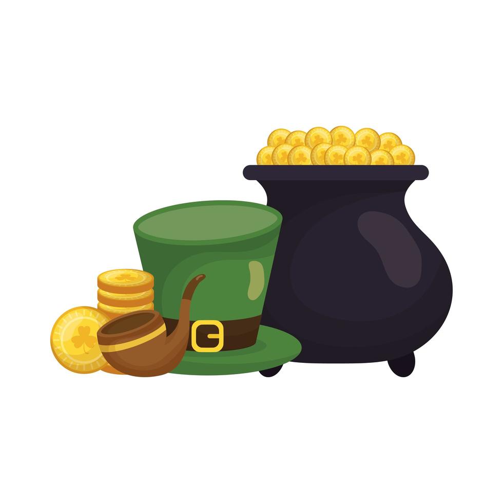 Saint patrick's day gold pot, hat and pipe vector design