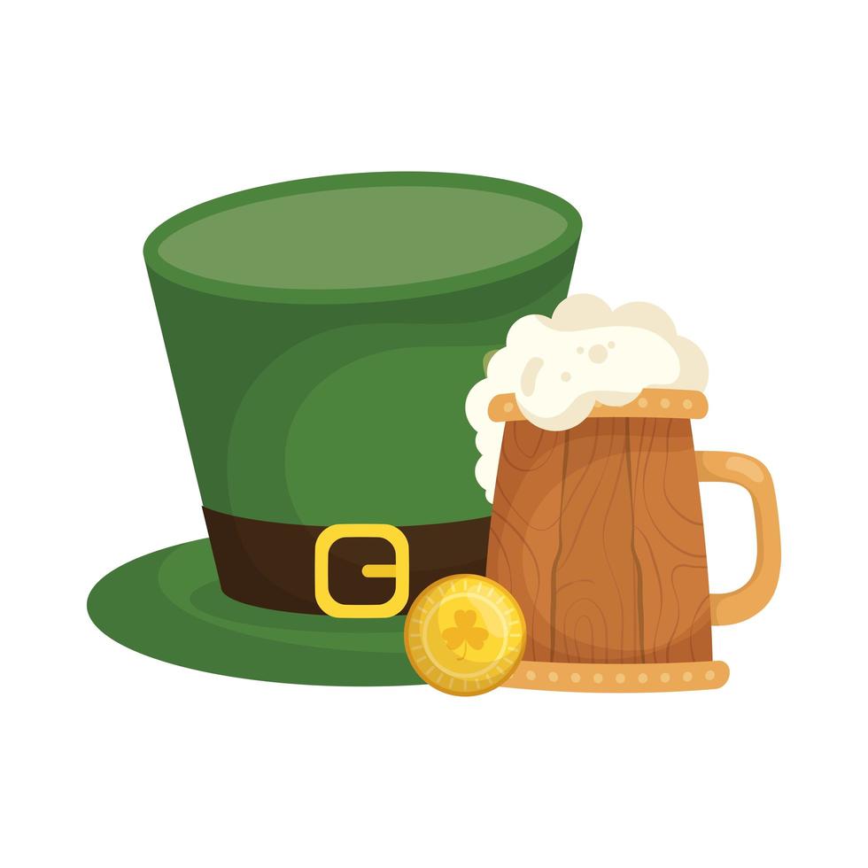 diseño de vector de sombrero, cerveza y moneda del día de San Patricio