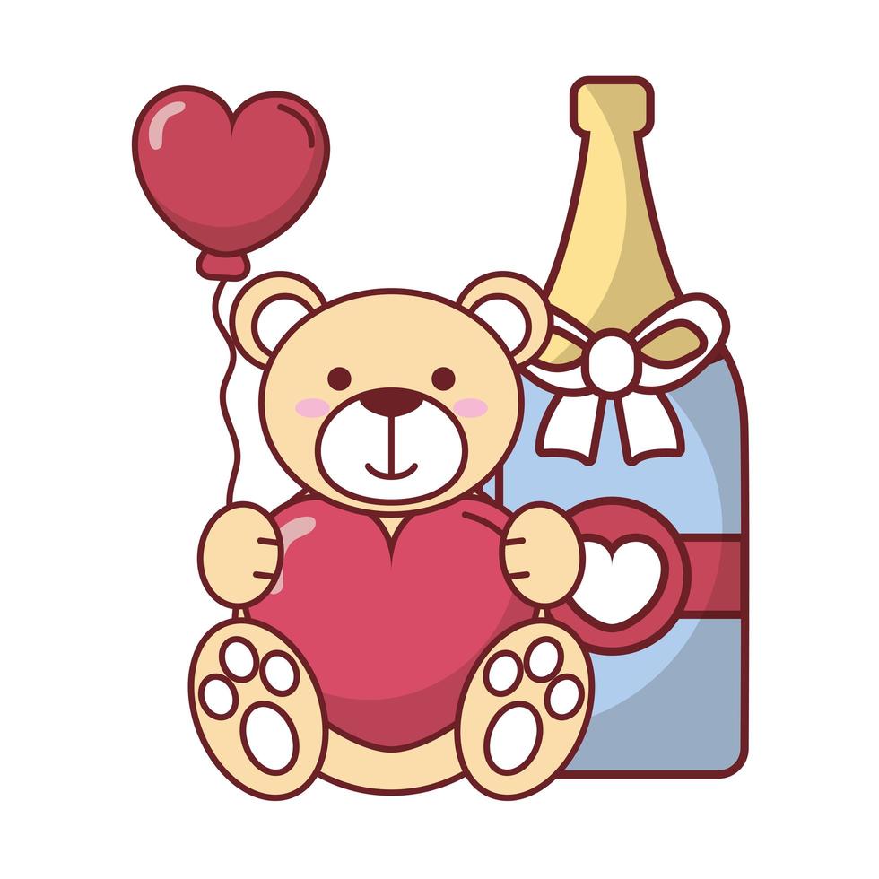 Oso de peluche con botella de champán y diseño de vector de globo de corazón