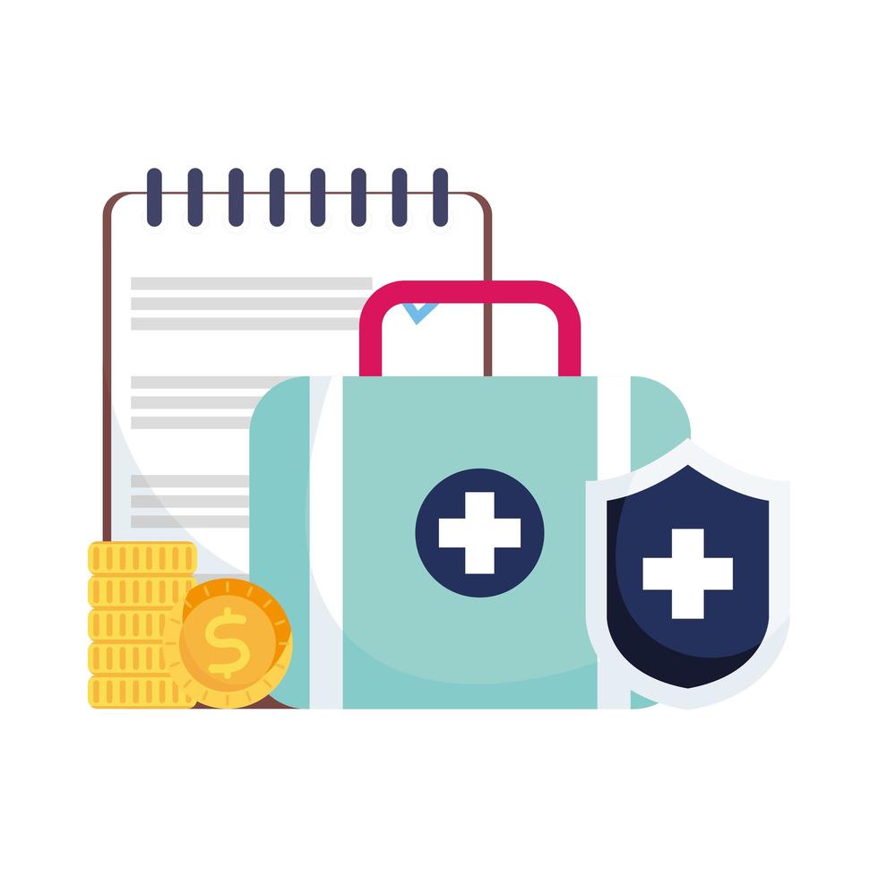 Isolated medical kit, shield, document and coins vector design