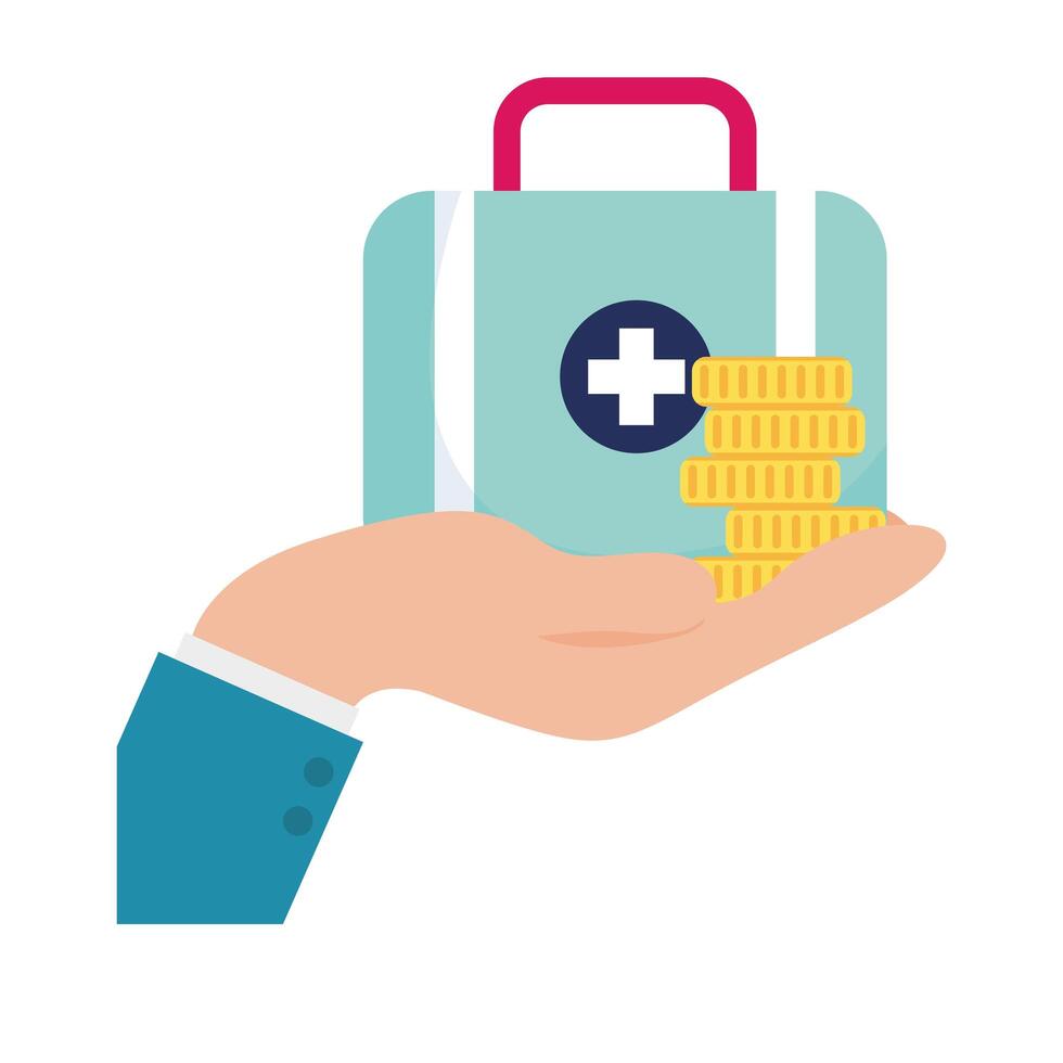 Isolated medical kit and coins over hand vector design