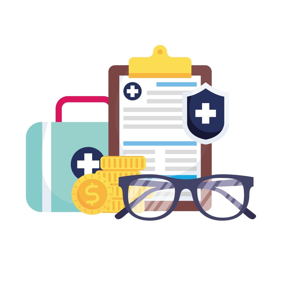 Medical kit, shield, document, glasses and coins vector design