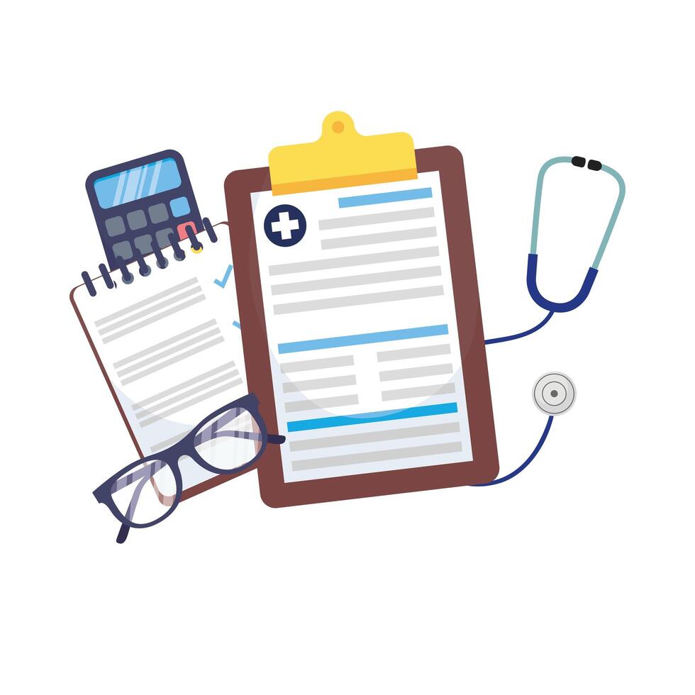 medical history, calculator, stethoscope and glasses vector design