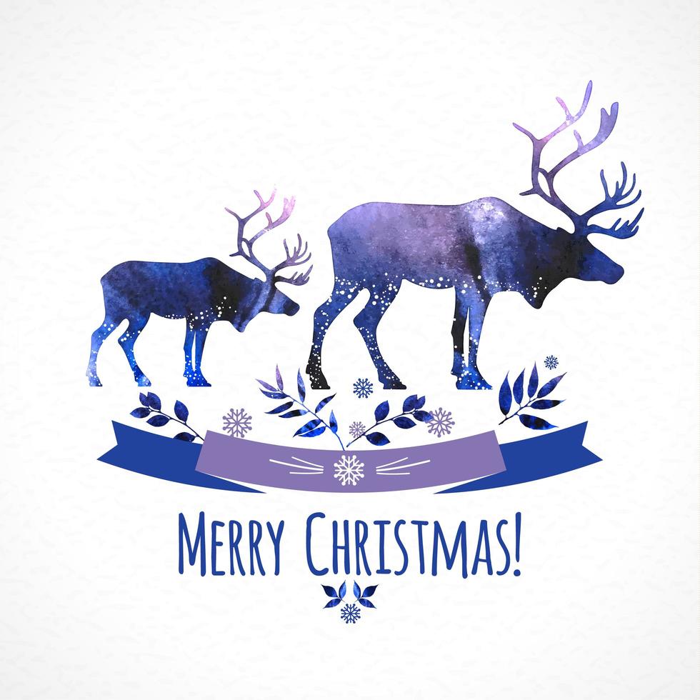 Deers christmas illustration in watercolor style card. vector