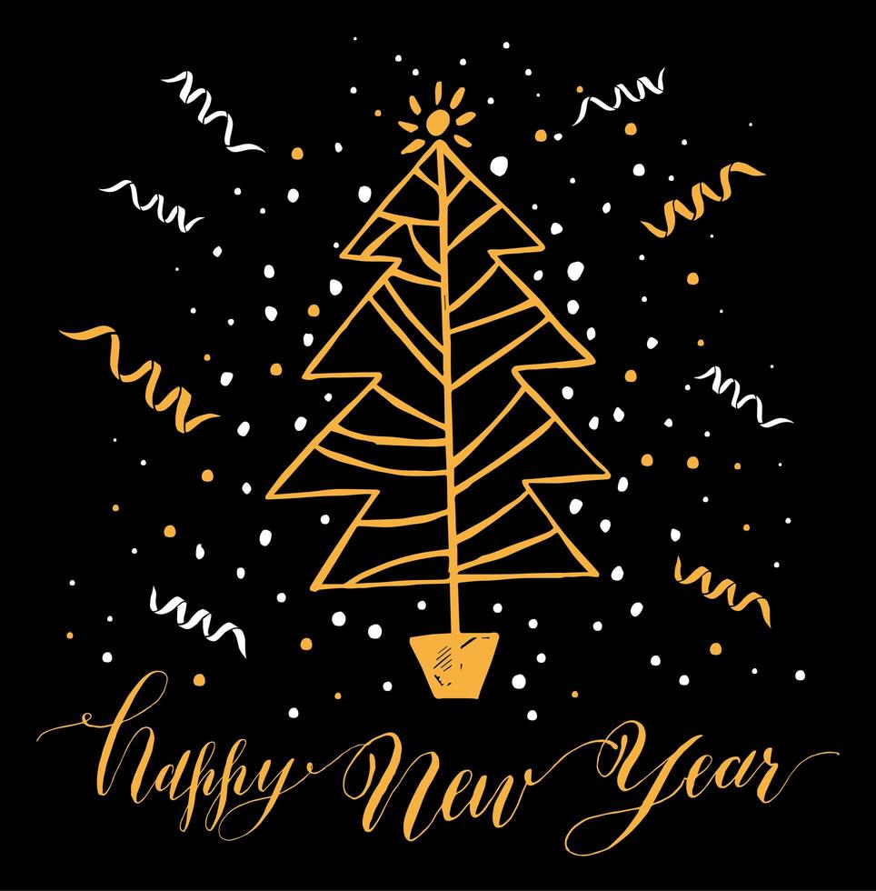 Hand drawn christmas card. New year tree with snow. vector