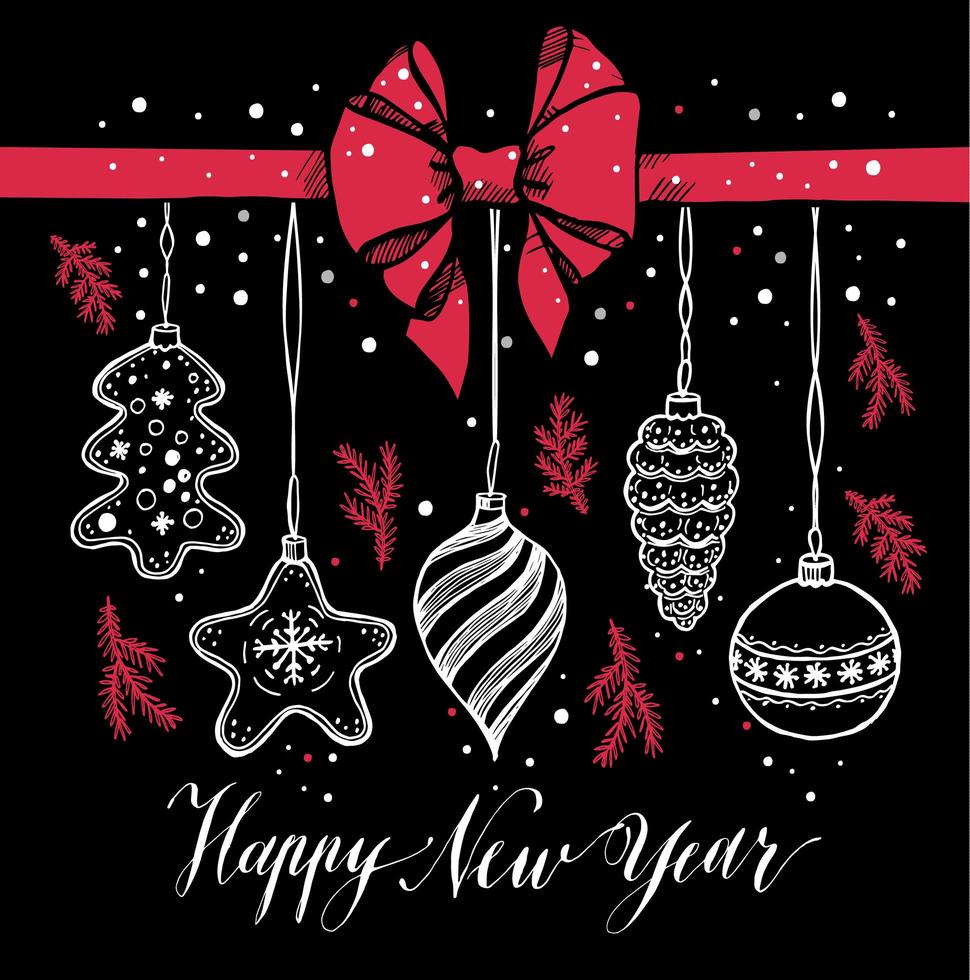 New Year's toys hand drawn style on black with red bow and snow. vector