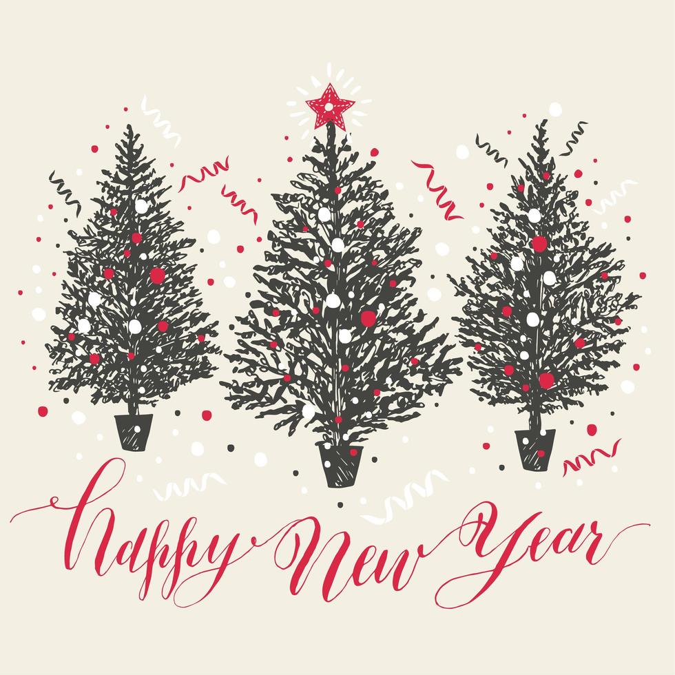 Hand drawn christmas card. New year trees with snow and confetti. vector