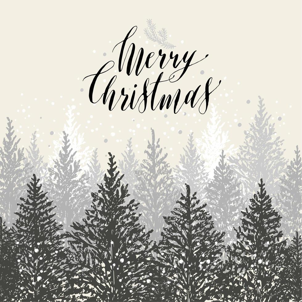 Hand drawn christmas card. New year trees with snow. vector