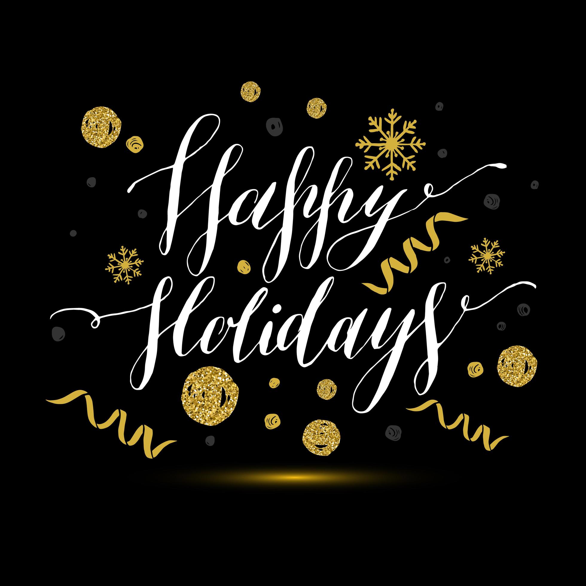 Calligraphic Text Happy Holidays With Snowflakes And Red Bow Hand 