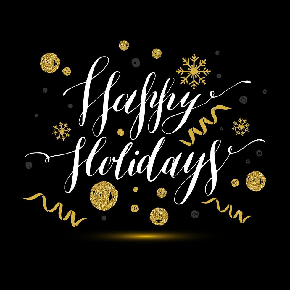 Calligraphic text happy holidays with snowflakes and red bow. Hand drawn style post card. vector