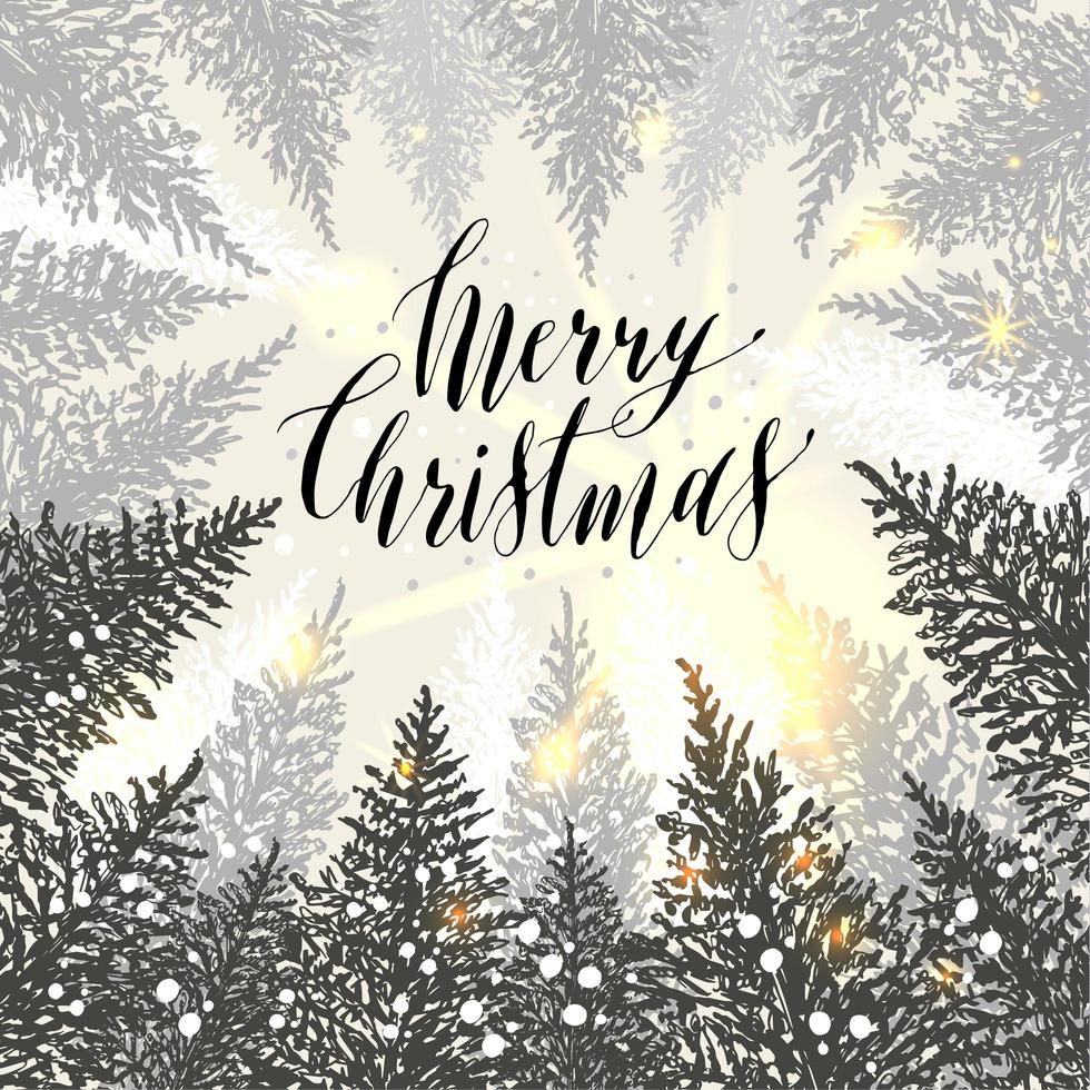 Hand drawn christmas card. New year trees with snow. Vector design illustration.