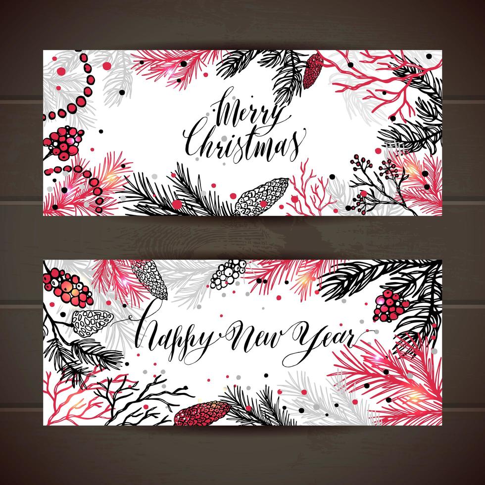 Merry Christmas greeting set of banners with new years tree and calligraphy vector