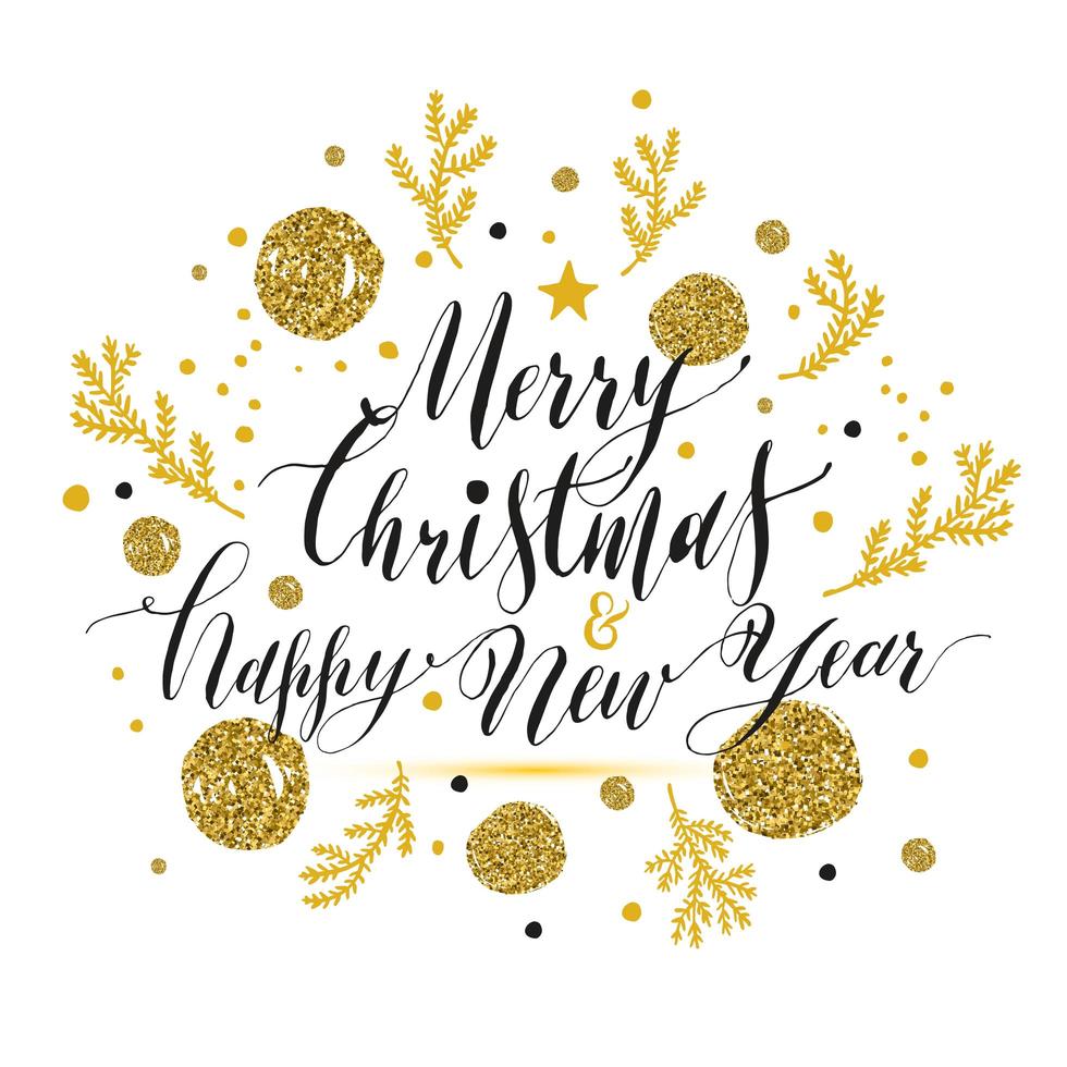 New Year lettering, Hand drawn christmas greeting card with gold glitters. vector