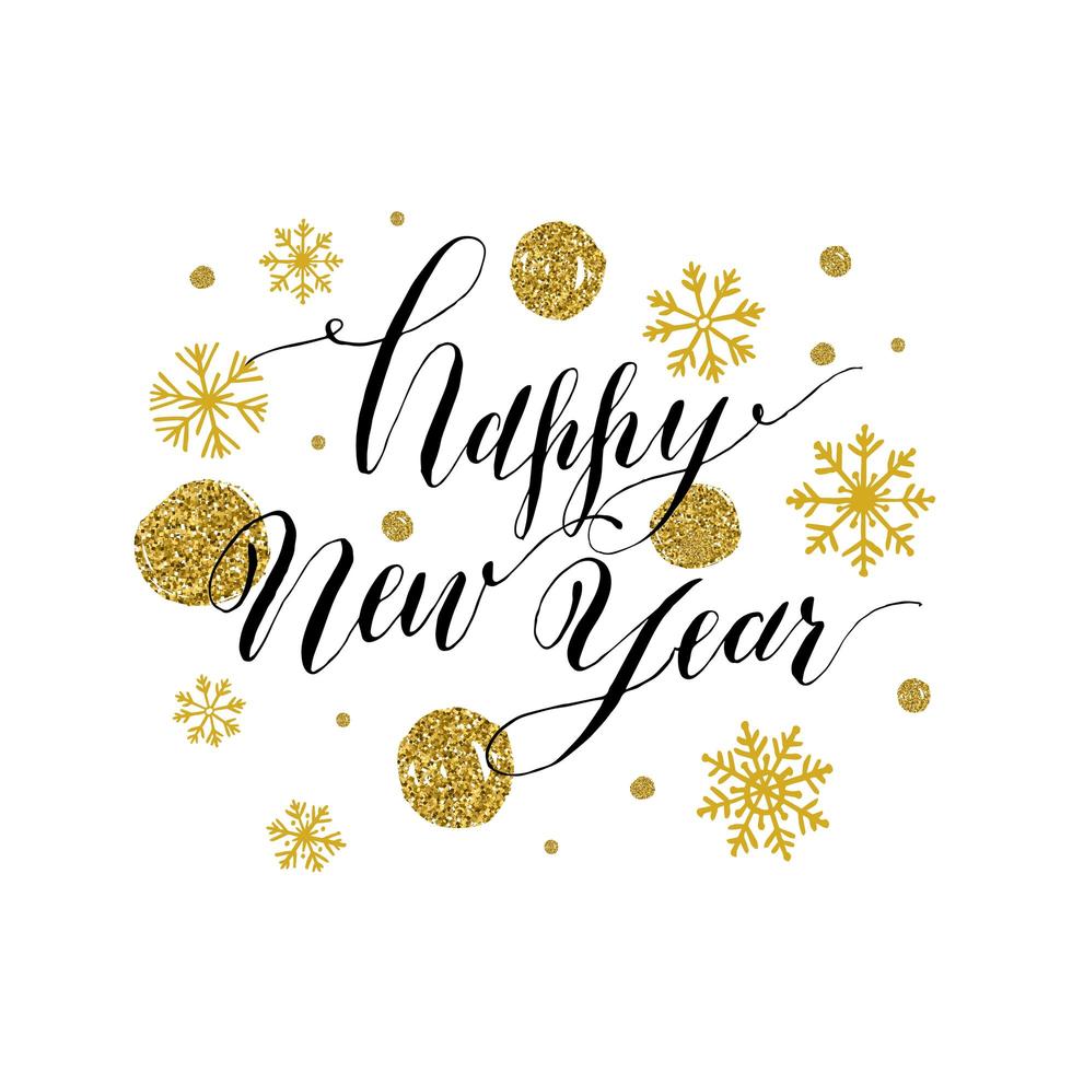 Calligraphic happy new year with snowflakes. Hand drawn style post card. vector