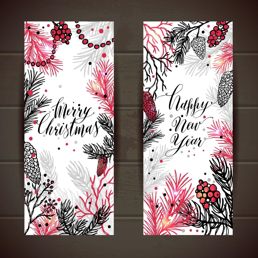 Merry Christmas greeting set of banners with new years tree and calligraphy vector