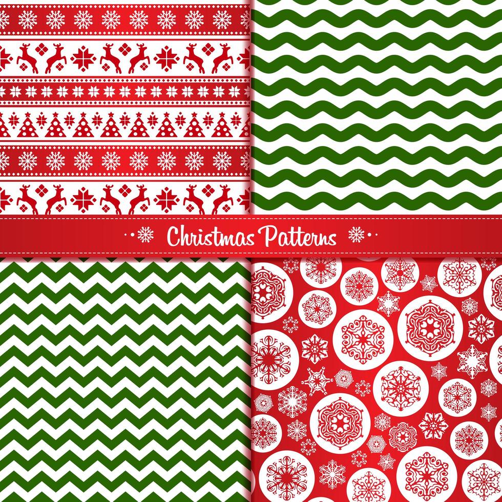 Set Christmas seamless patterns of red and green with reindeer and snowflakes vector