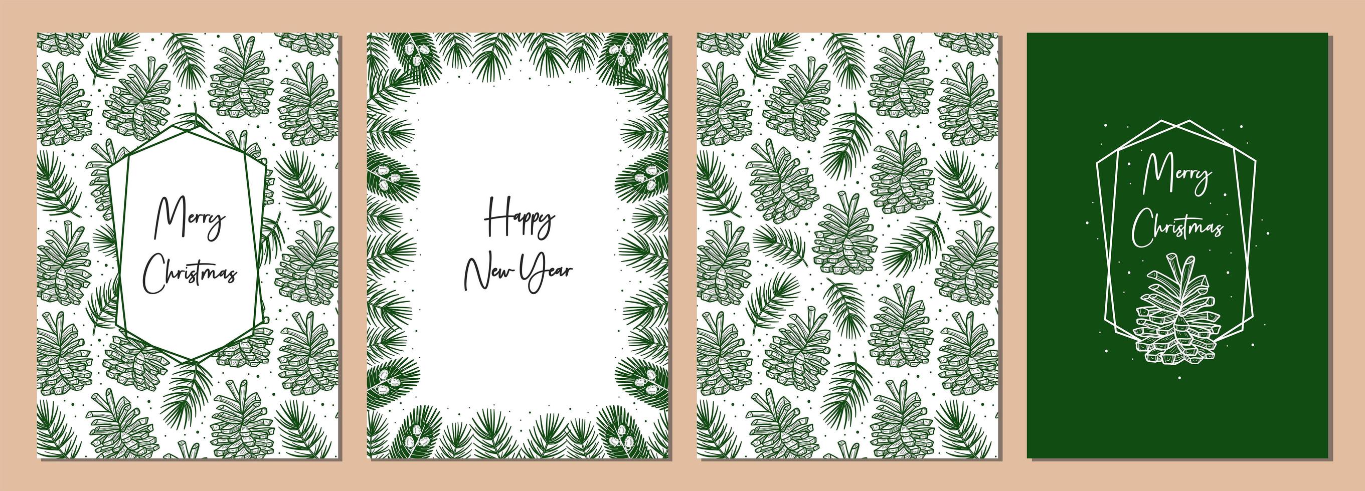 Set of Christmas greeting cards. Cone with spruce branch pine tree element seamless pattern background texture. vector